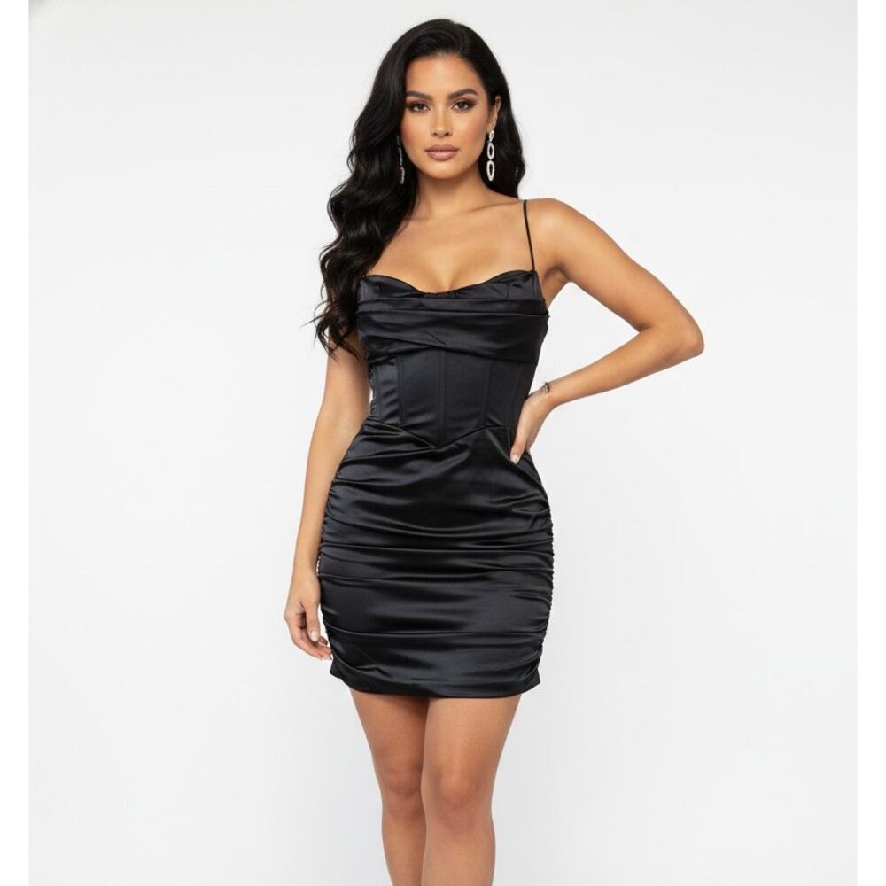 Lucy In The Sky Black Satin Corset Mini Dress Lace Up Back Small Fits XS HOCO